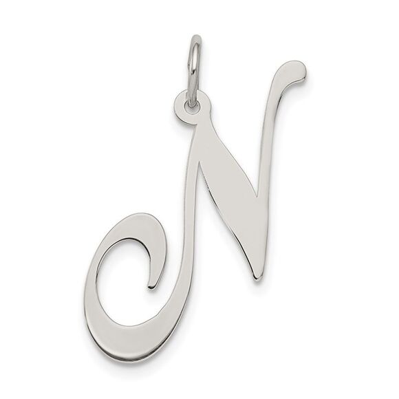 Sterling Silver, Ella Collection, LG Fancy Script Initial N Pendant - Picture 1 of 5